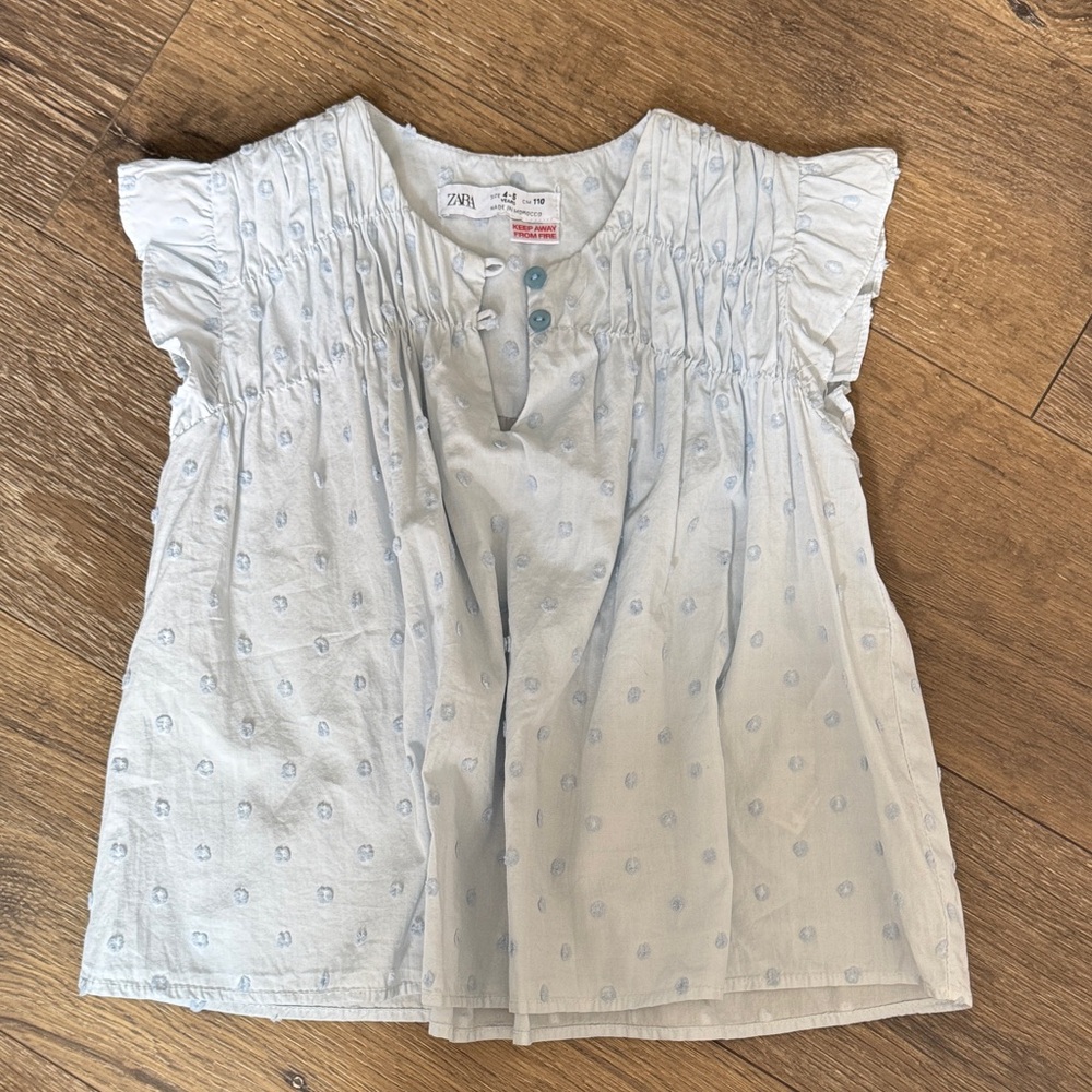 Zara Pale Blue Smocked Flutter Sleeve Top